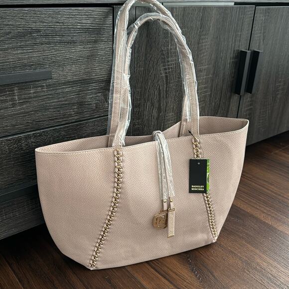 Badgley Mischka Handbags - Badgley Mischka NWT Decorative Chain Tote in Taupe color and gold hardware.